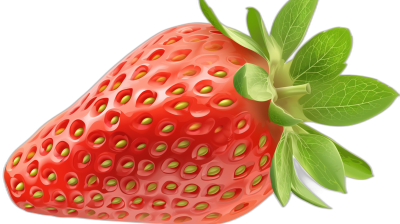 A realistic strawberry illustration, a closeup of the whole red strawberry with green leaves on top, with vibrant colors, detailed textures and shading, high resolution, isolated on a black background, in the style of clipart.