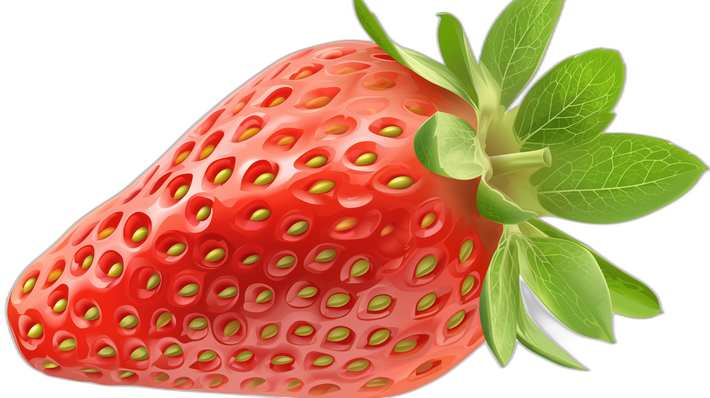 A realistic strawberry illustration, a closeup of the whole red strawberry with green leaves on top, with vibrant colors, detailed textures and shading, high resolution, isolated on a black background, in the style of clipart.