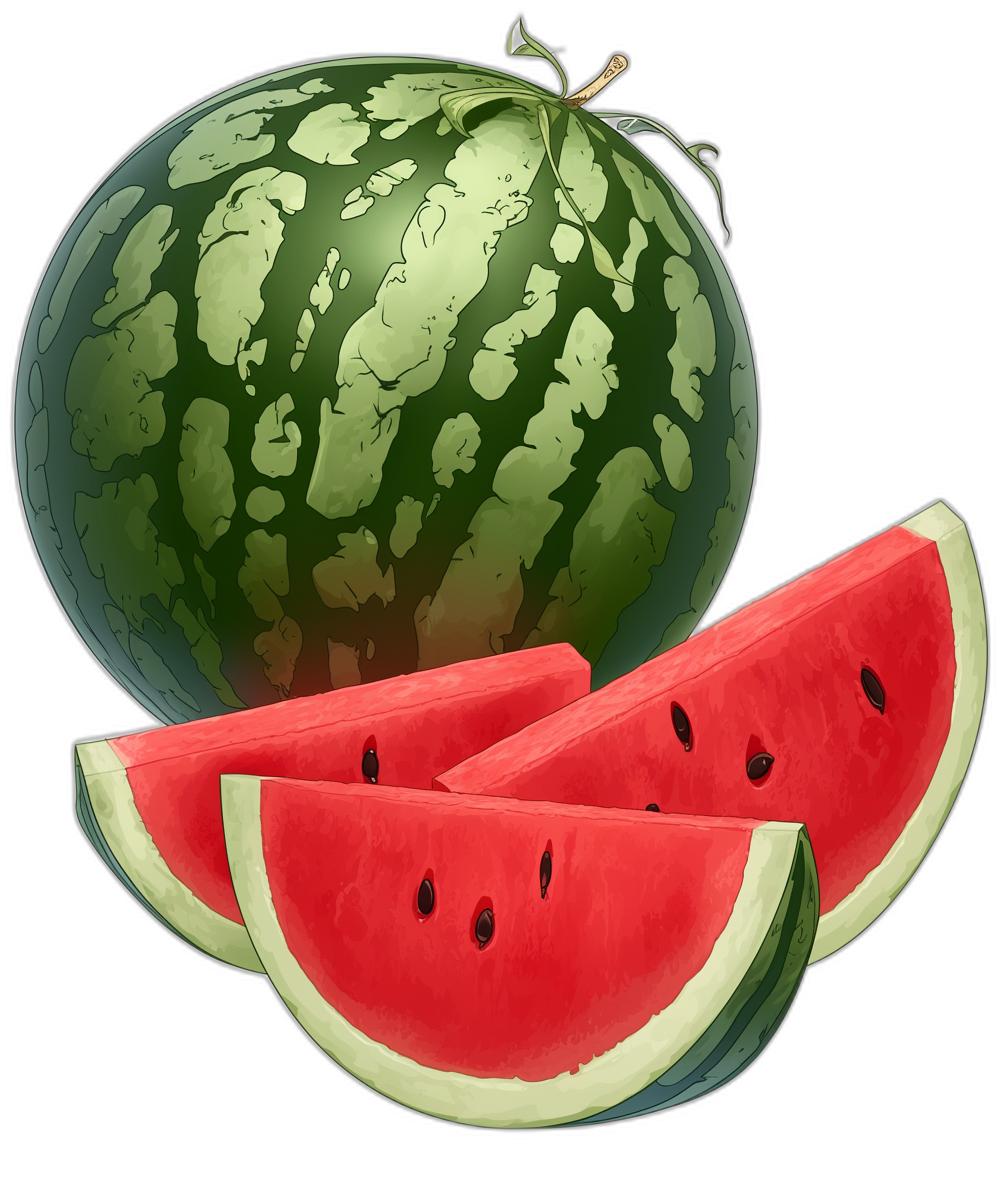 A watermelon with two slices cut out, in a vector illustration style, cartoon-like, with high resolution and clear details. It has a simple black background with no shadows on the ground or text. The whole body of the watermelon is shown. There should be no other elements such as fruits or vegetables around. Each slice of watermelon must have its own shadow. Faces do not need to be shown.