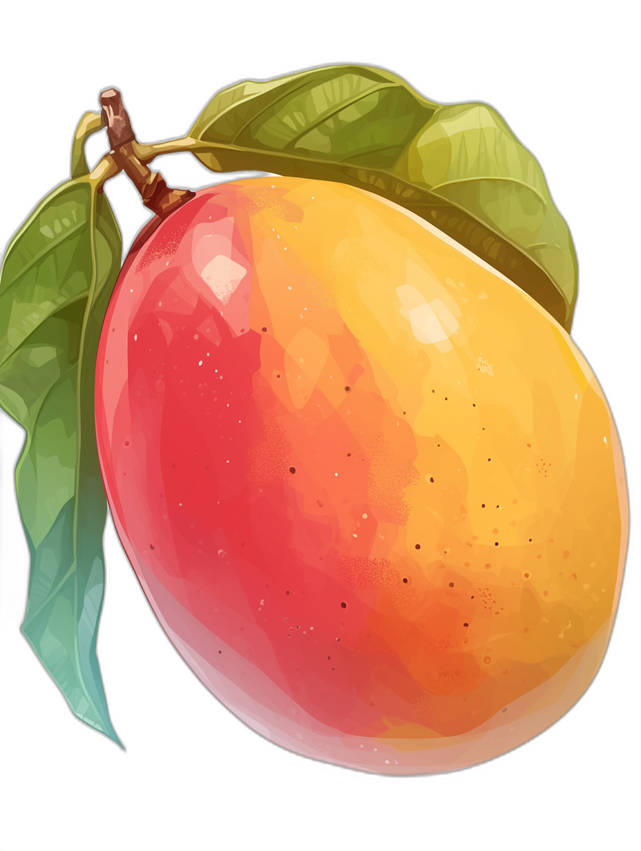 A colorful mango with leaves, a simple flat vector illustration on a black background, digital art in the style of [Greg Rutkowski](https://goo.gl/search?artist%20Greg%20Rutkowski) and [Artgerm](https://goo.gl/search?artist%20Artgerm), a digital painting with natural colors and detailed character design, smooth brushwork in a low poly game style.