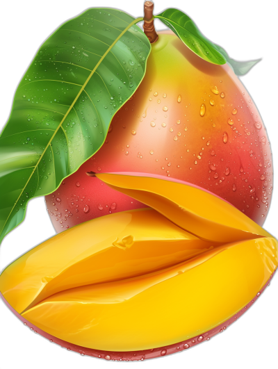 mango illustration, vector art, black background, tropical fruit, mango cut in half with juicy pink and yellow inside, green leaves on top in the style of the mango, water droplets, hyper realistic