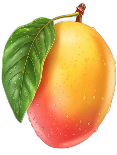 A realistic mango with water droplets on it, a green leaf attached to the top of its stem, against an isolated black background. The illustration is in vector format and uses vibrant colors for realism. It has detailed textures that capture every detail of both fruit and leaves. This design highlights the beauty and freshness of one single juicy mango.