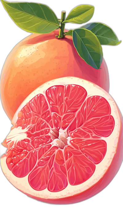 A painting of grapefruit in the style of vector illustration with simple shapes and low details in a vector art style on a black background in a hyper realistic, high resolution and super detailed style.