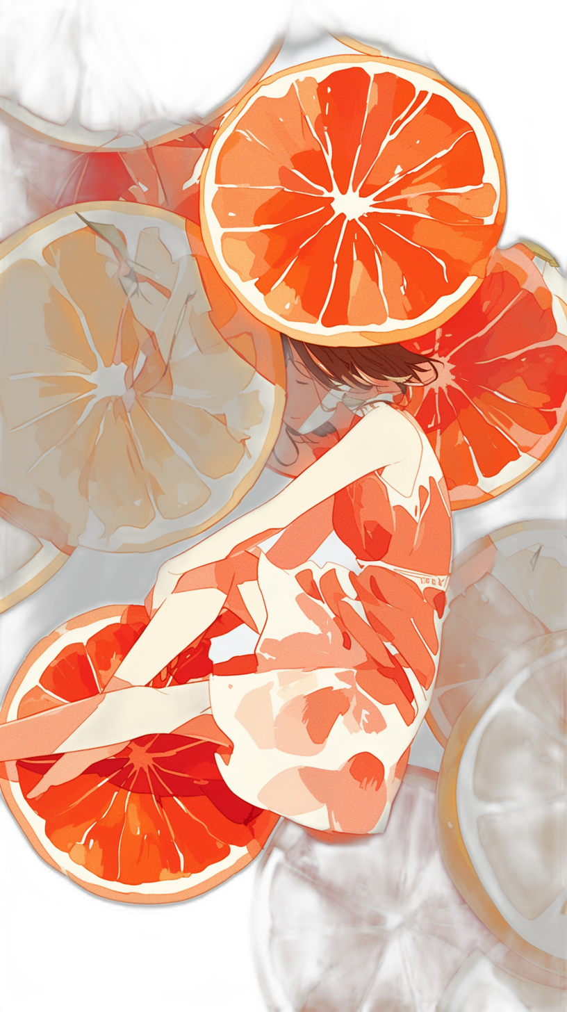 grapefruit and orange slices, in the anime style, flat color illustration, flat brushwork, closeup, female figure lying on the ground in the middle of sliced grapefruits and oranges, dark background, red light, character design in the style of [Akihiko Yoshida](https://goo.gl/search?artist%20Akihiko%20Yoshida), in the style of [Krenz Cushart](https://goo.gl/search?artist%20Krenz%20Cushart), in the style of [Katsuya Terada](https://goo.gl/search?artist%20Katsuya%20Terada), in the style of Maying Hua puddle