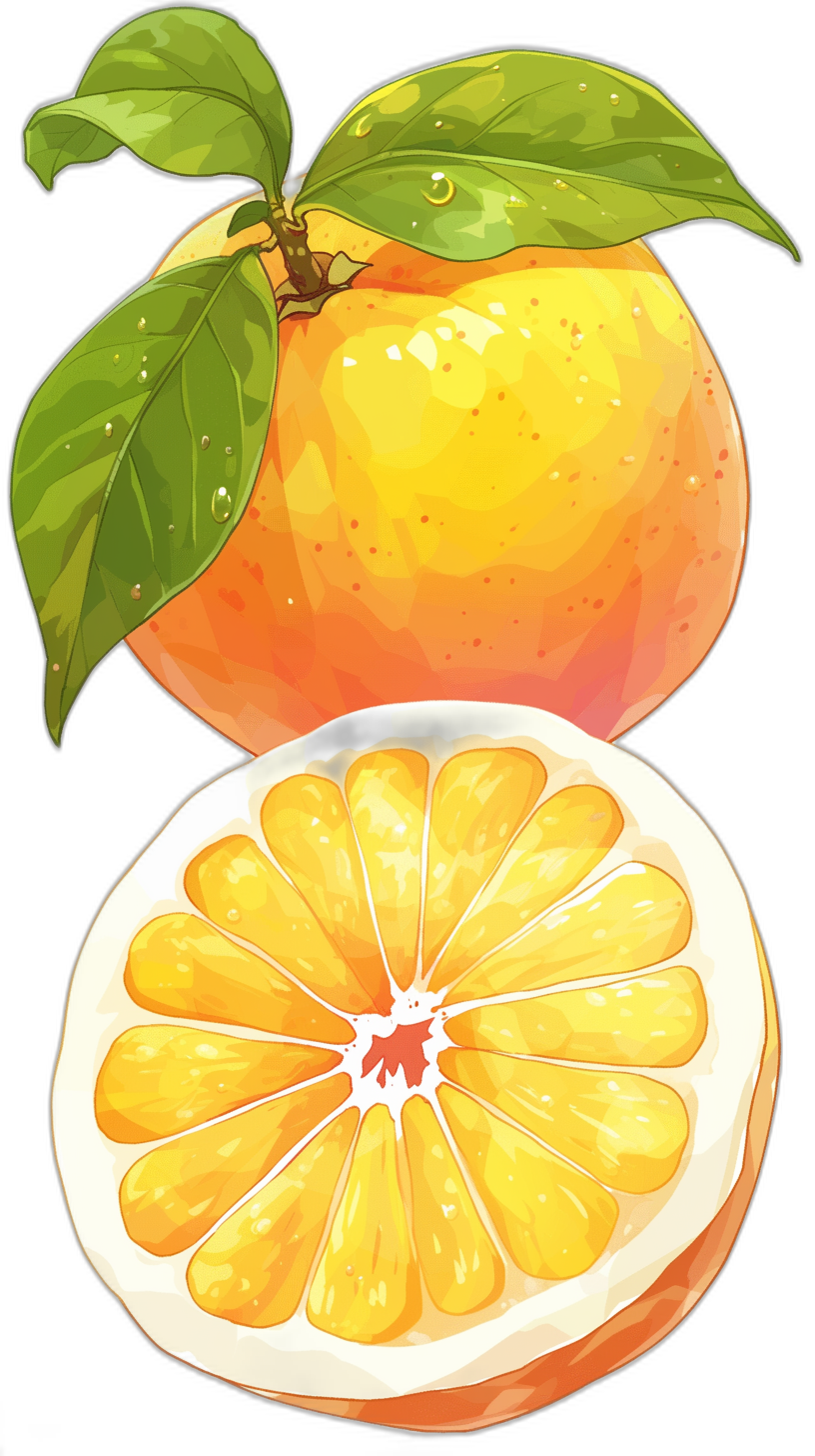 A vector illustration of an orange, a whole and sliced orange with leaves on black background, cute cartoon style, digital art in watercolor painting technique, high resolution