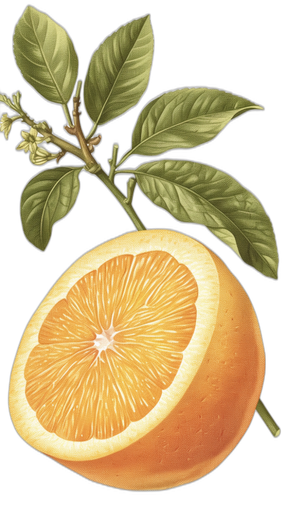 Illustration of an orange with leaves, in a vintage botanical style, on a black background, with high resolution and high detail clipart.