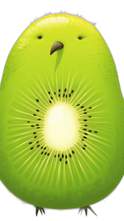 A kiwi fruit in the shape of an adorable bird, in the style of a cartoon, with simple lines, as a flat illustration, in a closeup shot, with a symmetrical composition, on a black background, with a high saturation color scheme, with a cute and cheerful expression, focusing on character design, at a high resolution.