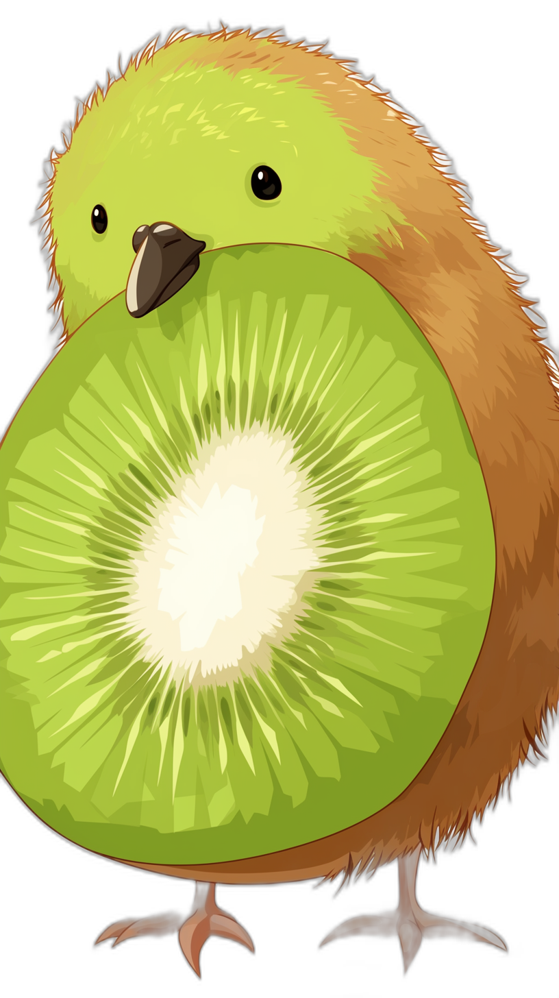 kiwi bird holding a kiwifruit in its beak, vector illustration in the style of [Akira Toriyama](https://goo.gl/search?artist%20Akira%20Toriyama) and [Studio Ghibli](https://goo.gl/search?artist%20Studio%20Ghibli), cute cartoon character with cute eyes in a full body portrait against a black background where the kiwi is green up to its face