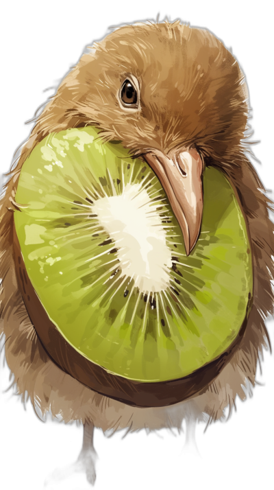 kiwi bird with kiwifruit in its beak, vector art, cute, black background, no shadows, close up, simple, digital painting, concept art, high detail