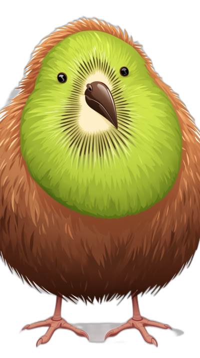 A kiwi bird with its beak open, the face is green and has brown feathers, in the style of a cartoon, vector graphics, black background, cute, big eyes, happy expression, cartoon character design, cute little animal, front view, symmetrical composition, closeup portrait, cute pet illustration.