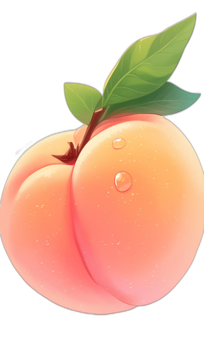 A cute cartoon peach, with water droplets on its skin surface and leaves growing behind it. The background is black, with a simple illustration style and flat design. It features high-definition bright colored images in the style of a simple illustration.