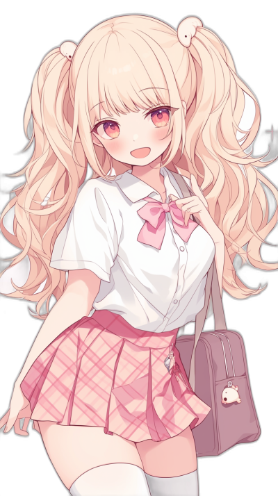 Cute schoolgirl with white shirt and pink skirt and pig tails, long blonde hair in pigtails, red eyes, handbag, in the style of anime illustration, black background, high quality.