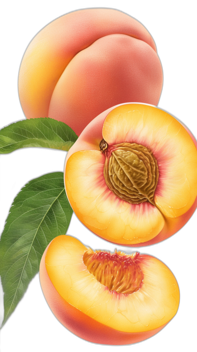 Peach, realistic illustration of peaches with two leaves and one peach cut in half showing the pit on a black background, hyperrealistic illustrations in the style of hyperdetailed rendering, in the style of hyper detail, hyper quality, hyper resolution, hyper realism, hyper colorization, in the style of hyper detailed