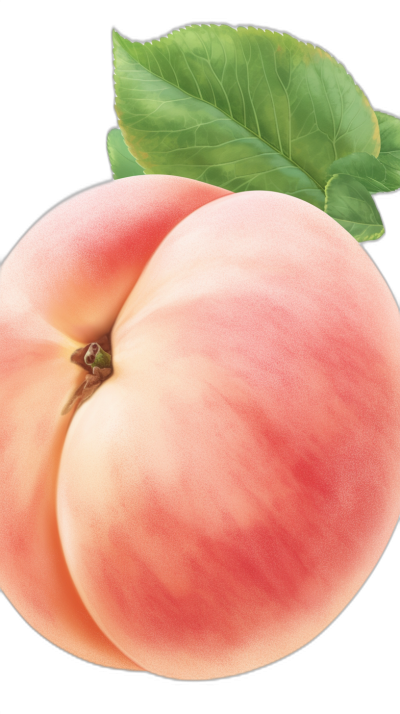 A whole peach, realistic illustration style, with the fruit's smooth skin and vibrant color in full view on a black background. The juicy texture of peaches is highlighted in the style of soft lighting. A single leaf adds to its natural appearance. High resolution for detailed textures. Isolated on pastel background.