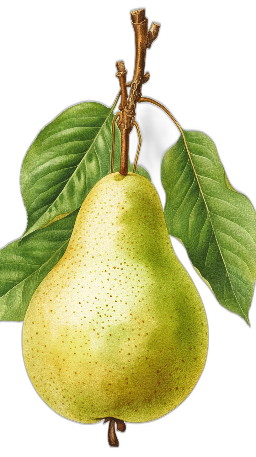 A pear with leaves on the branch, vintage illustration, isolated in black background, high resolution, hyper realistic, super detailed