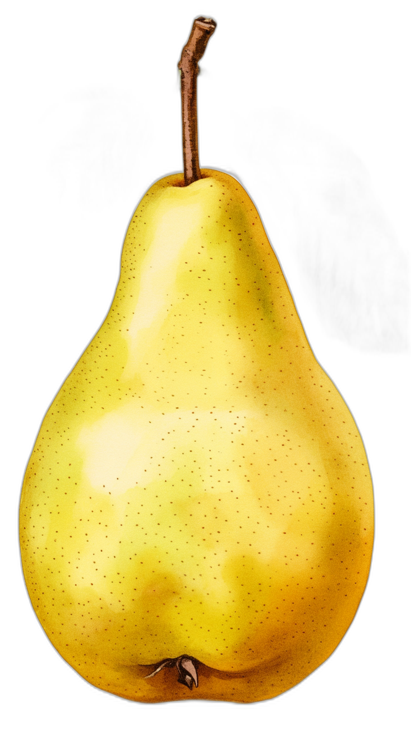 A yellow pear, black background, colored pencil drawing, high resolution digital artwork