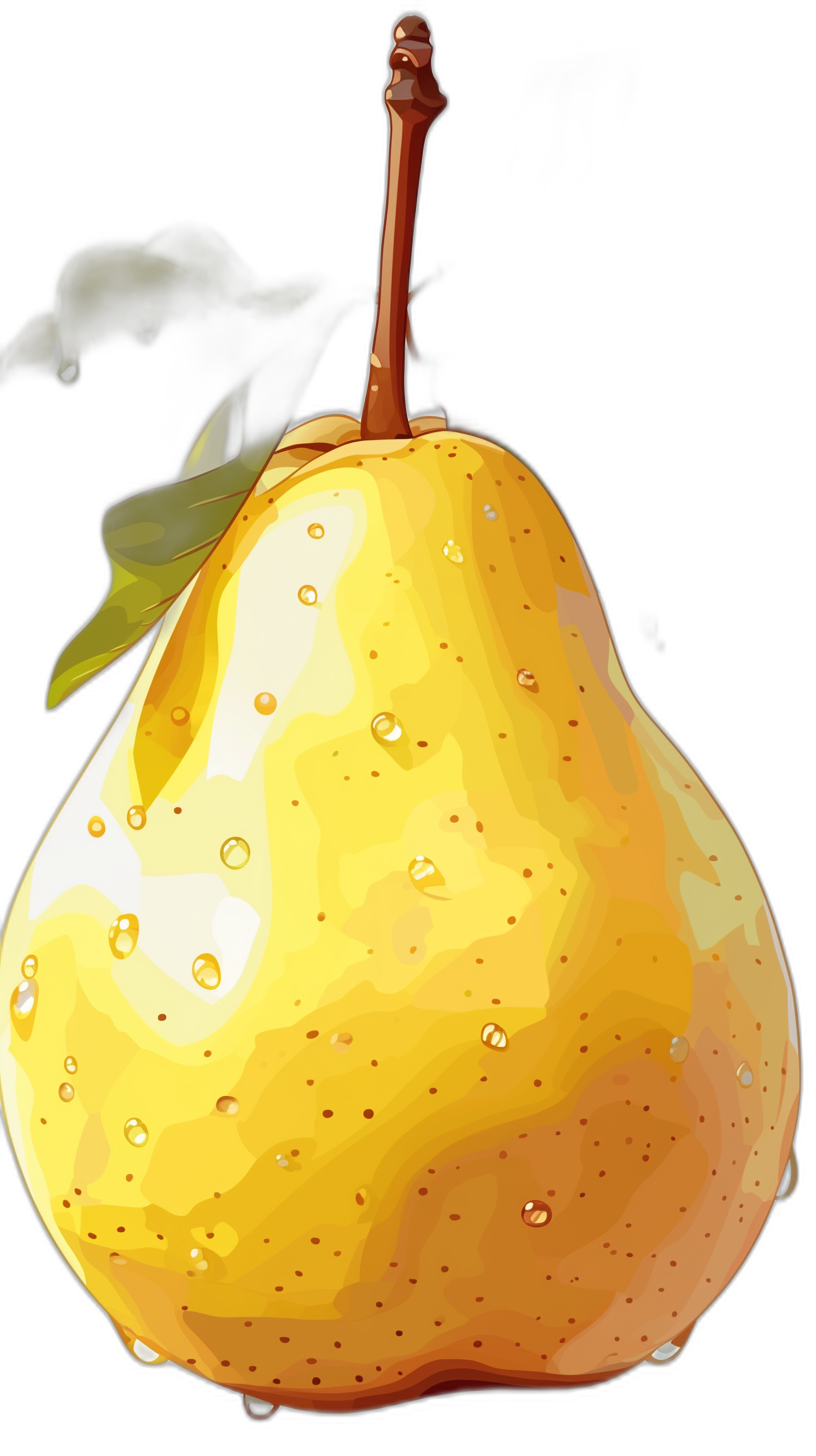 A yellow pear, vector illustration in the style of digital painting and drawing, with a black background. It is very detailed, showcasing its shiny texture and translucent skin. The artfully arranged composition highlights water droplets on it, adding to its vibrant appearance.