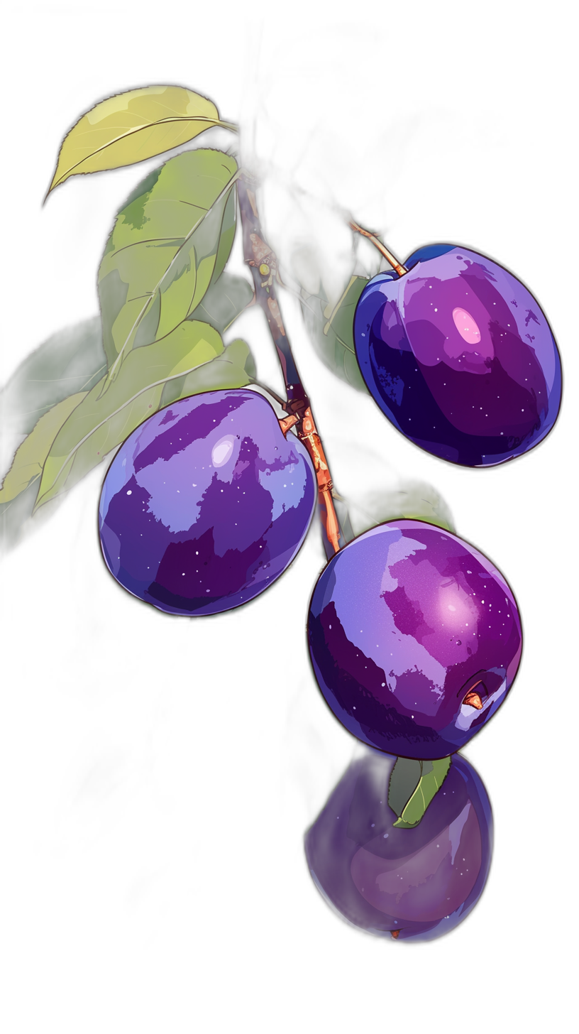 3 purple plums on the branch, a simple flat vector illustration in the style of anime, on a black background, this high resolution, high quality, high detail digital art, digital painting and digital illustration features high contrast, high dynamic range and high sharpness with high clarity and color resembling high quality film.