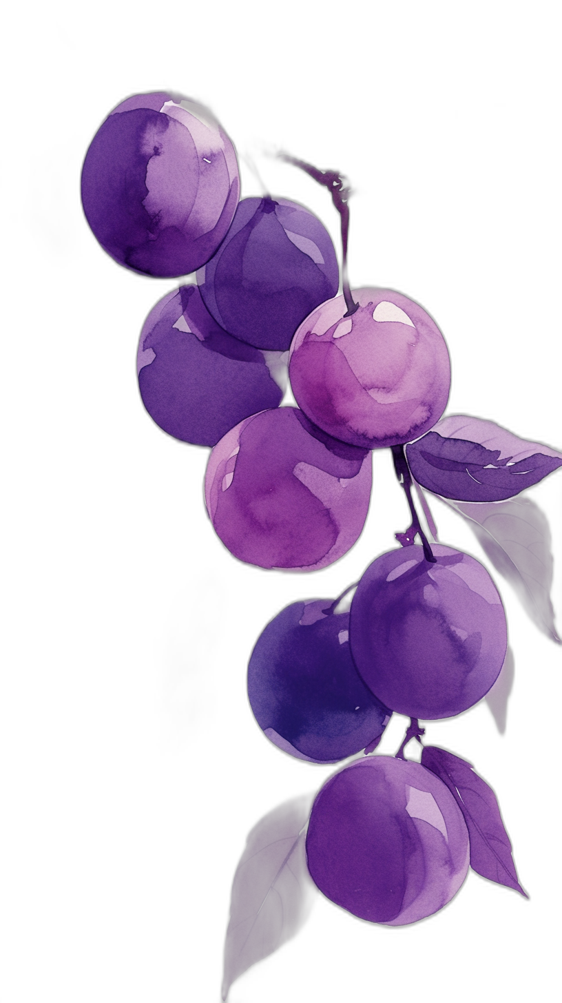 A purple plum branch against a black background in the watercolor style with ultrahigh definition resolution in the style of hyperrealistic photography featuring bright and vivid colors with high contrast and delicate details.