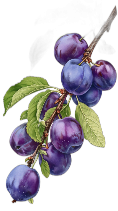 A branch of plums, detailed illustration by [Lee Bermejo](https://goo.gl/search?artist%20Lee%20Bermejo) and j.c Leyendecker, black background, purple plum color