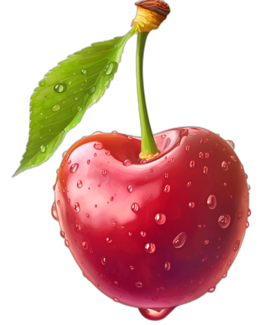 A realistic juicy cherry with water droplets on it, on a black background, vector illustration, high resolution digital art in the style of Pixar animation and DAZ3D, red colors, a playful use of line, hyperrealistic illustrations, high details, saturated color fields.