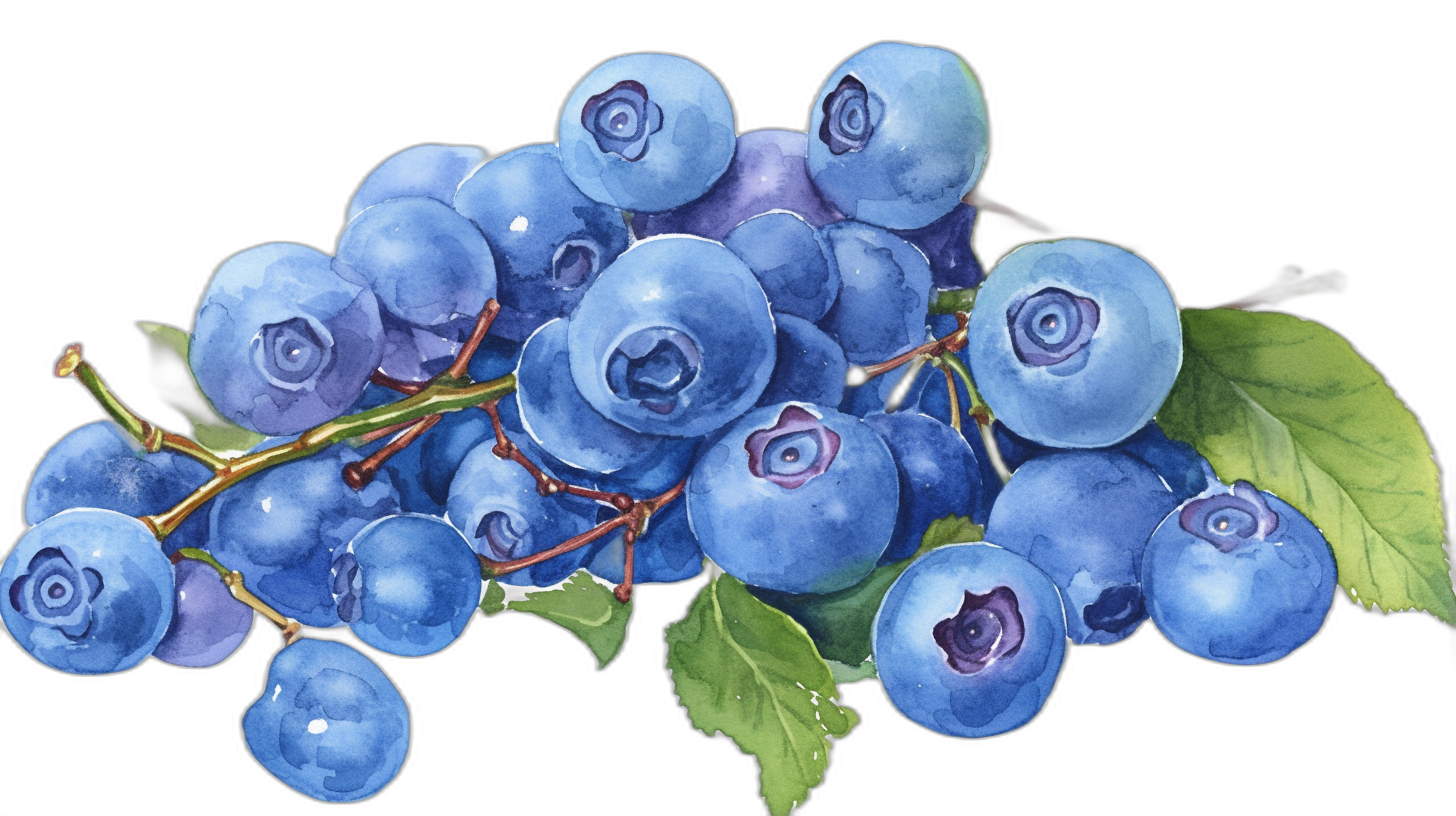 A bunch of blueberries, hand painted watercolor with black background, clipart, realism