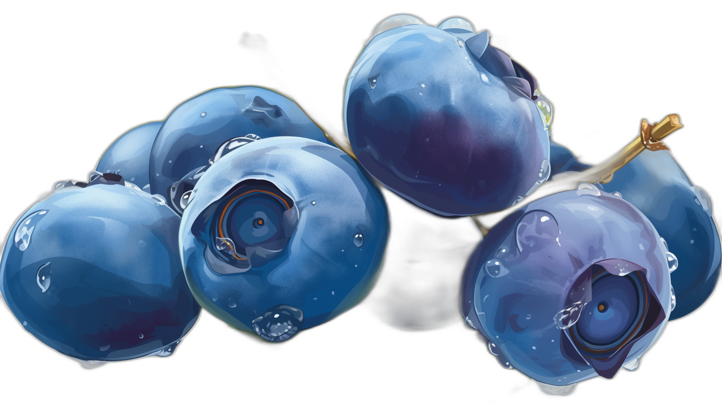 A bunch of blueberries with water droplets on them, detailed character illustrations in the style of, black background, game art style, cartoon realism, surreal portrait, fantasy illustration, ultra high definition painting, hyperrealistic oil painting, ultrahigh resolution, high detail