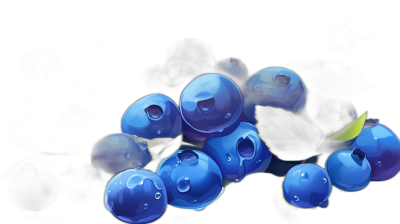 A bunch of blueberries with water droplets on them, in the cartoon style, vector illustration, on a black background, high resolution, high quality, high detail, digital art, digital painting, high contrast, digital work, in the style of the game League Of Legends.