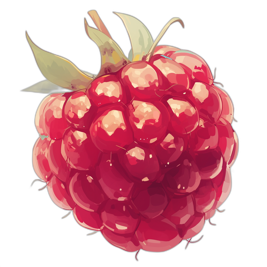 A close up of a juicy raspberry in a vector art style as a simple cartoon digital painting vector illustration in an isometric view on a dark background with no shadows and high detail and no gradient or shading or gray scale or color or texture or black border or shadow and no low resolution as a high quality high res image with obvious lines and no watercolor or gradients.