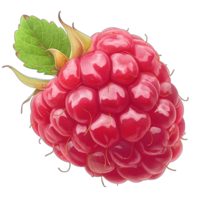 A realistic advertising-style illustration of an isolated raspberry, presented in high resolution against a black background for use as clip art. The scene is captured from a side view and includes detailed closeups with vibrant colors. This composition creates a visually appealing representation suitable for various uses like digital or print media, highlighting its delicious appearance and bright color in the style of advertising illustrations.