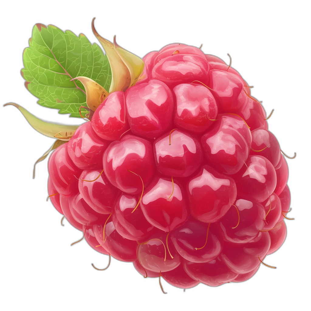 A realistic advertising-style illustration of an isolated raspberry, presented in high resolution against a black background for use as clip art. The scene is captured from a side view and includes detailed closeups with vibrant colors. This composition creates a visually appealing representation suitable for various uses like digital or print media, highlighting its delicious appearance and bright color in the style of advertising illustrations.