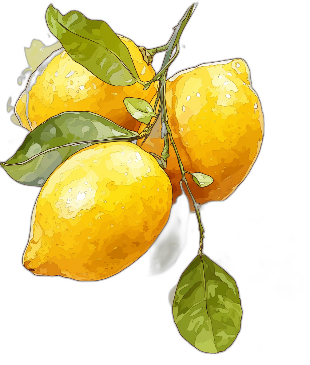 lemons, vector illustration on black background, hand drawn, digital art with brush strokes and texture, simple, minimalistic, watercolor, cute, cartoon style, digital art, digital painting, high resolution, high quality, high detail, sharp focus, hyper realistic, hyper detailed, hyper colored