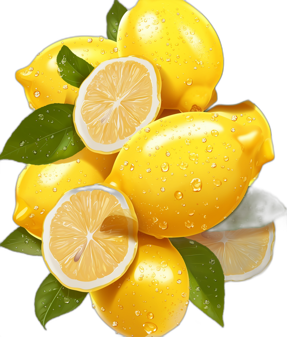 A pile of lemons with water droplets on them, vector illustration style, black background, high resolution, professional digital art, realistic colors,