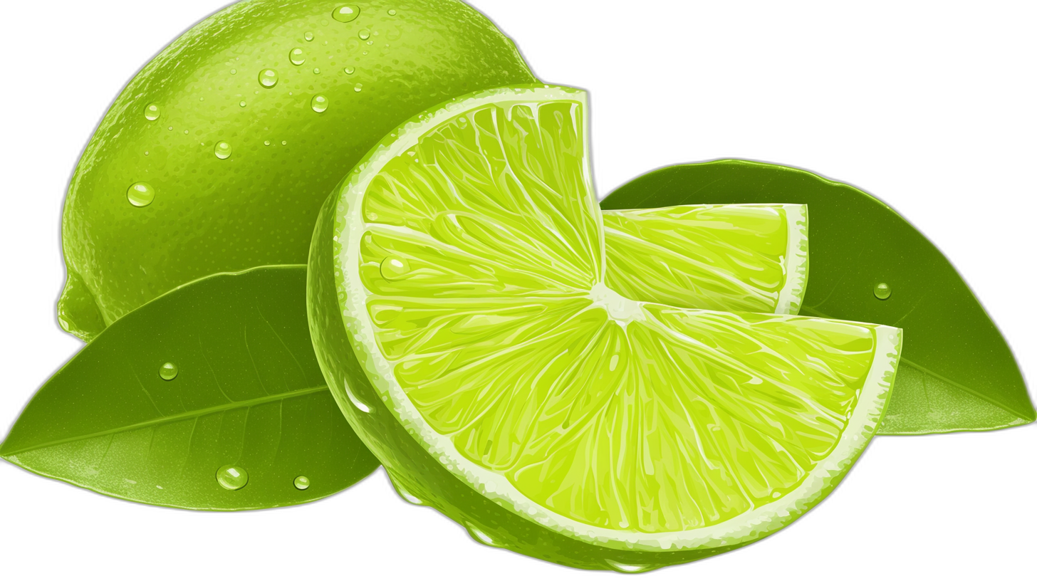 A lime cut in half with leaves, vector illustration on black background, bright colors, high resolution, professional photograph, super detail face, high quality details, no watermarks