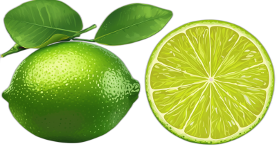 A whole lime and half a lemon with leaves, a vector illustration on a black background in the style of vector art and flat design with a green color palette, a digital painting with high resolution, high detail, high quality, high definition, high contrast and high sharpness in a hyper realistic, hyper detailed and hyper colored style.