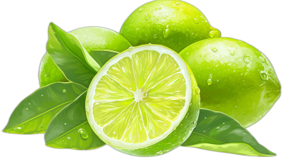 A few limes and green leaves in a vector illustration style on a black background, this high resolution professional digital art depicts the limes in a colorful cartoon style with bright colors and high detail, showing closeup details of the texture of the limes and water droplets on them. A few other fresh fruits can also be seen in the picture. The whole scene gives off an attractive feeling of freshness and vitality. High definition resolution.