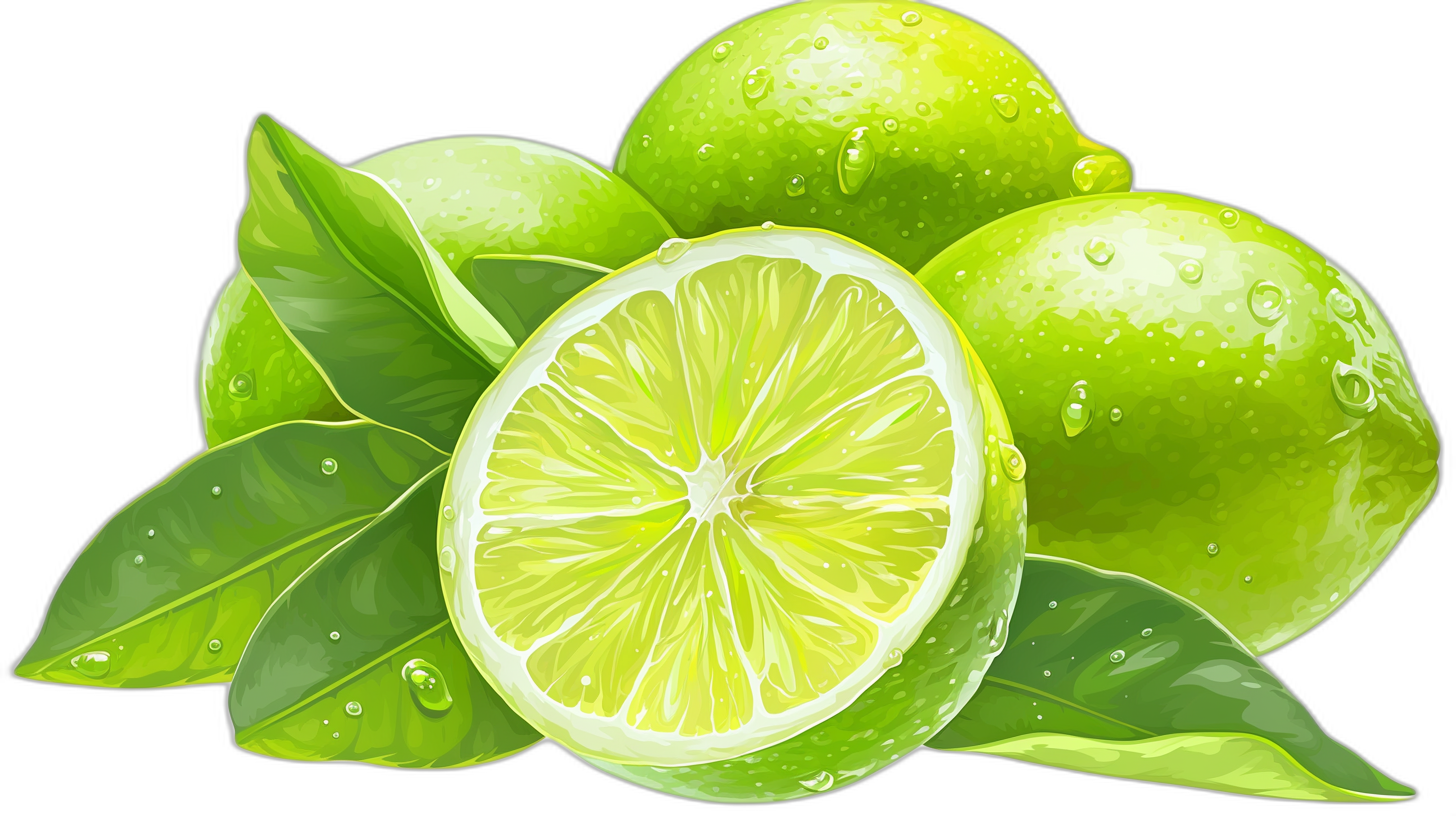 A few limes and green leaves in a vector illustration style on a black background, this high resolution professional digital art depicts the limes in a colorful cartoon style with bright colors and high detail, showing closeup details of the texture of the limes and water droplets on them. A few other fresh fruits can also be seen in the picture. The whole scene gives off an attractive feeling of freshness and vitality. High definition resolution.