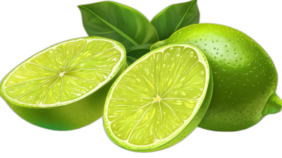 A realistic illustration of lime fruit with green leaves, one whole and another cut in half on a black background, vector art, clipart, in the style of no shadows, in the style of no text, in the style of no mockup, high resolution, in the style of no shadow