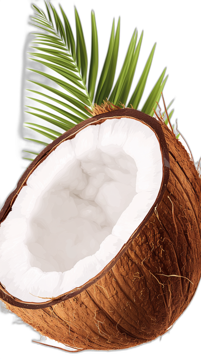 An ultrarealistic and detailed illustration of a coconut, with the shell open to reveal its white interior texture. The top left corner should have palm leaves to add depth to the design. Ensure that all elements are centered on a black background. This artwork will be used for packaging labels in various products such as formals. Focus attention on the realism of the image and capture every detail of the cut out coconut and interior, in the style of photo-realistic illustration.