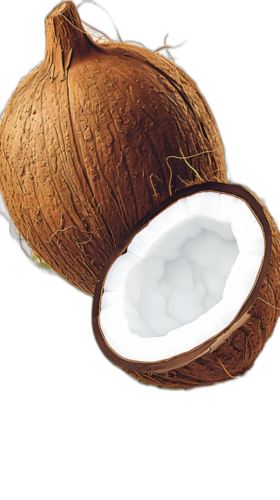 A coconut with the shell open, showing white rough skin and brown rind. The inside of one half is empty while in another there's visible pink fat, all set against black background. Photorealistic illustration capturing texture and details of coconuts. High resolution, high quality, high detail, sharp focus, no blur, no grain,