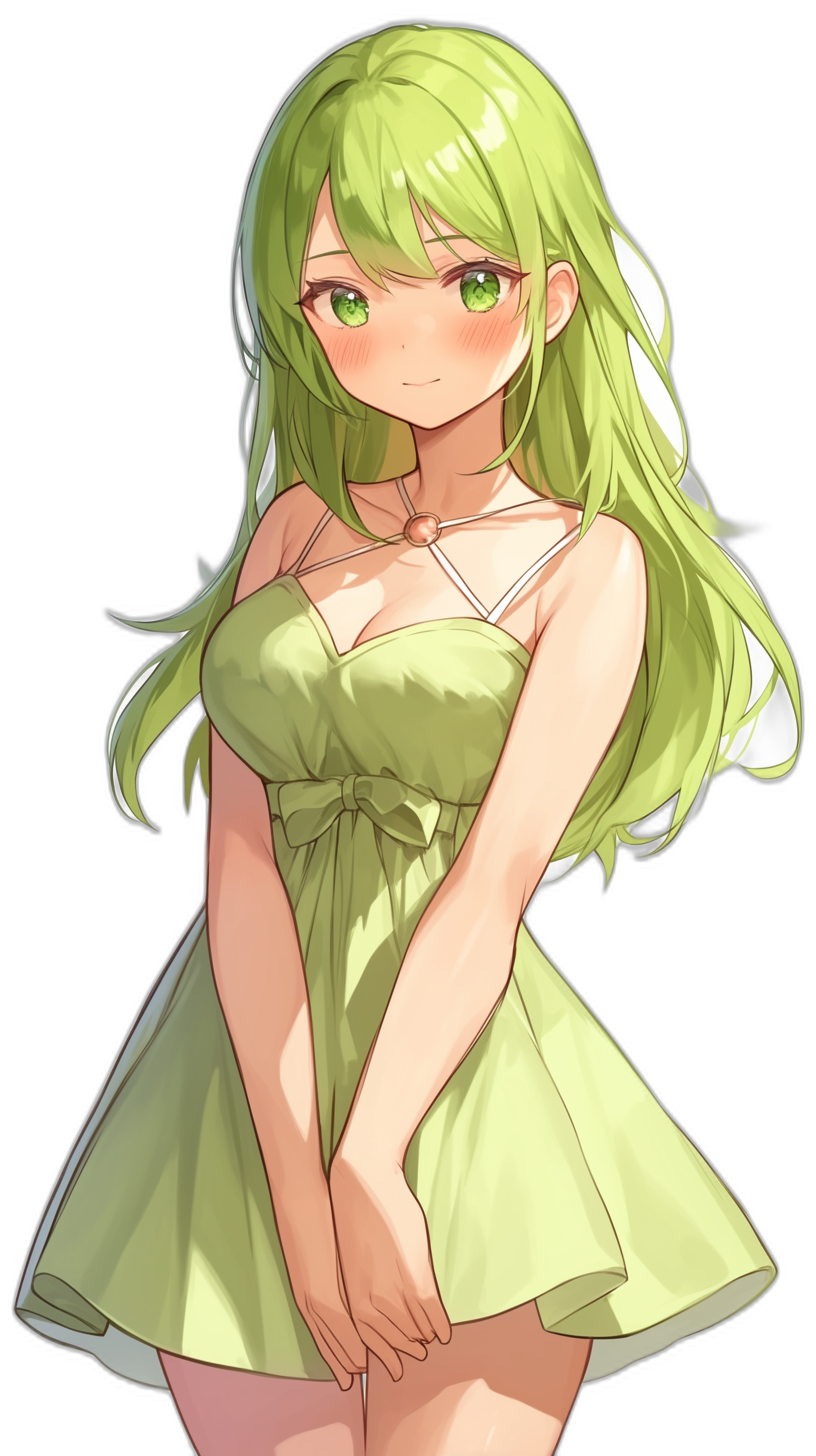 Anime girl with long green hair wearing a short dress against a black background, a full body portrait with green eyes and a cute, smiling face, in the style of green eyes.