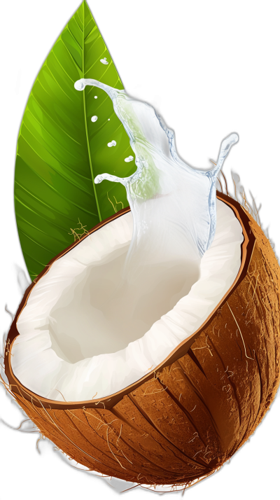 A coconut with white milk inside, splashing from the cut opening, with a green leaf behind. A vector illustration in the style of a flat design with 2D elements, presented as a high resolution professional photograph with studio lighting showcasing intricate details. The image is highly detailed and realistic with sharp focus and very accurate high definition details.