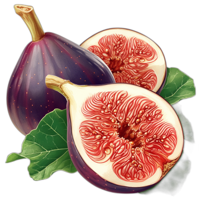 A hyperrealistic illustration of two whole figs and one sliced fig, with detailed textures on the skin and leaves. The fig is purple or red in color, showcasing its intricate patterns inside. Black background. The illustration is in the style of hyperrealistic artwork.