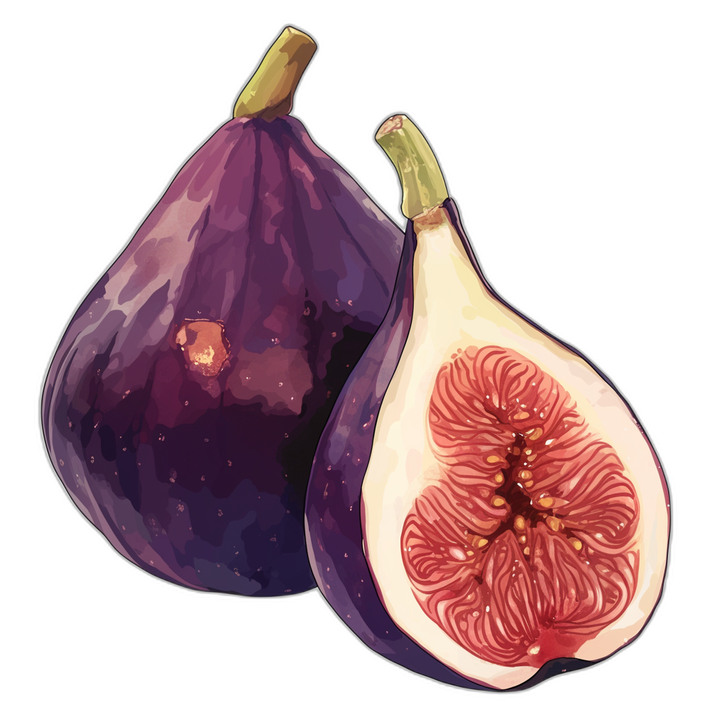 Figs, vector illustration with a black background. A whole fig and a sliced fig are depicted in the style of an illustrator. The high resolution vector illustration has a clipart-like quality. A purple color scheme is used for both the full figures and cut parts. The art style mimics that of a digital watercolor painting.