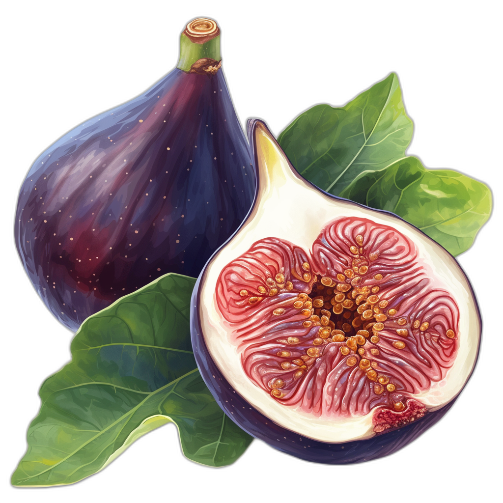 An illustration of two whole figs and one cut in half with leaves, against a black background, in the style of [Studio Ghibli](https://goo.gl/search?artist%20Studio%20Ghibli) and in a fantasy art style. A hyperrealistic painting in dark violet with a closeup and intense, colorful style reminiscent of [Moebius](https://goo.gl/search?artist%20Moebius).