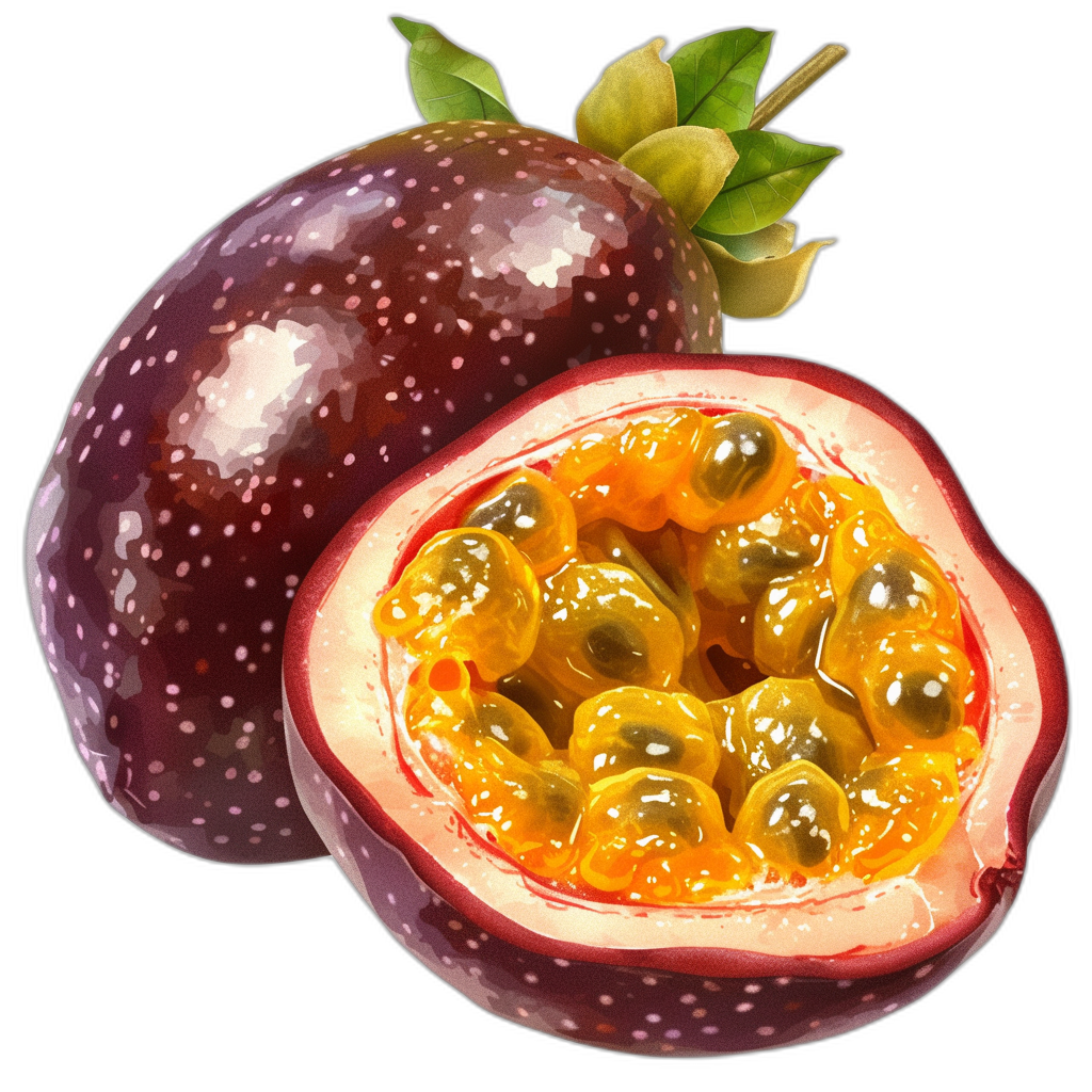 A realistic illustration of passion fruit cut in half, on a black background, with high resolution and very detailed textures. The hyperrealistic style shows realism hand painted in the style of watercolor, with colorful, vivid and vibrant textures. The digital art captures these styles and textures.