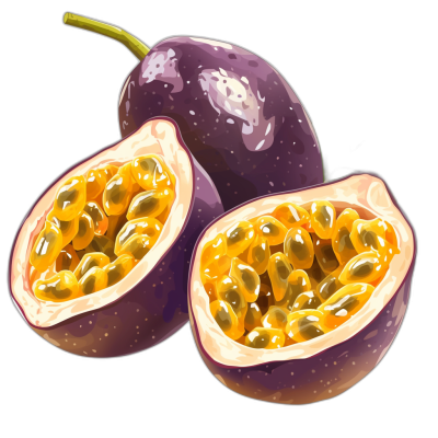 A realistic illustration of passion fruit cut in half, showcasing its vibrant purple skin and golden seeds on black background, high resolution