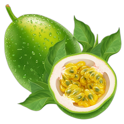 A whole green passion fruit and half of it with yellow seeds, vector illustration on black background, with water drops, green leaves around the guava