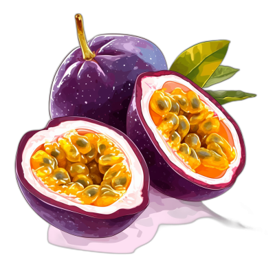 A whole passion fruit and half of it, vector illustration with purple color on black background, highly detailed, digital art style