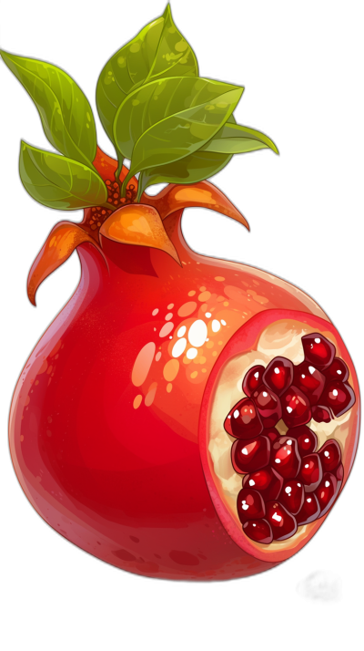 A pomegranate with leaves on top, in a cartoon style vector illustration with a black background. The colorful illustration is cute with bright colors in a closeup shot. The vector art shows the whole body in the picture with a mythology or fairy tale theme in the style of Disney.